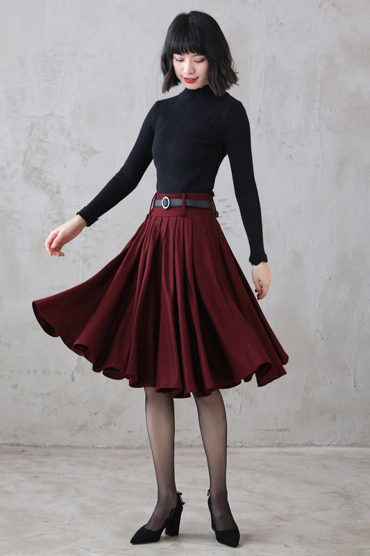 A-Line Pleated Circle Wool Skirt 3110