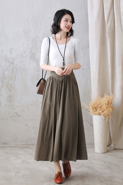 Dark Khaki Linen Cotton Maxi Skirt - High Waist Pleated | Xiaolizi 2770