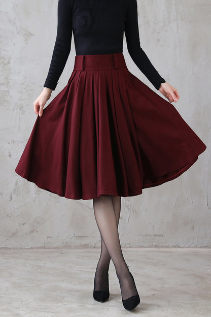 Burgundy Wool Midi Skirt – Vintage High Waist Pleated Circle Skirt 3110