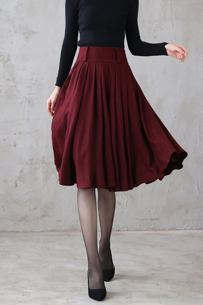 Burgundy Wool Midi Skirt – Vintage High Waist Pleated Circle Skirt 3110