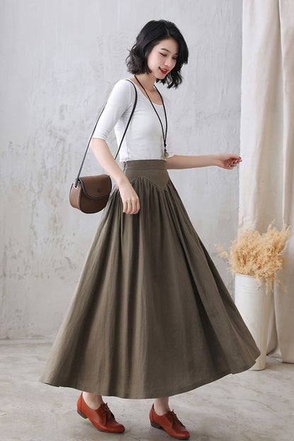 Dark Khaki High Waisted Maxi Linen Skirt 277001#