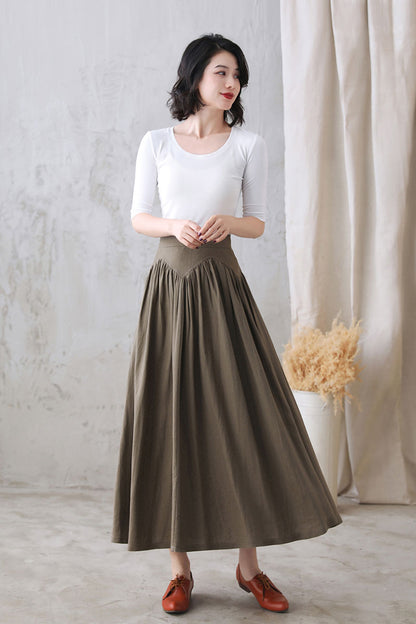 Dark Khaki Linen Cotton Maxi Skirt - High Waist Pleated | Xiaolizi 2770