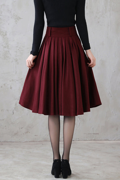 Burgundy Wool Midi Skirt – Vintage High Waist Pleated Circle Skirt 3110