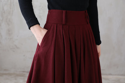 Burgundy Wool Midi Skirt – Vintage High Waist Pleated Circle Skirt 3110