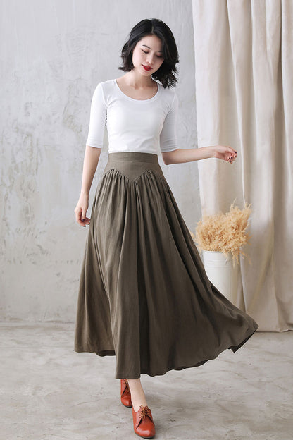 Dark Khaki Linen Cotton Maxi Skirt - High Waist Pleated | Xiaolizi 2770