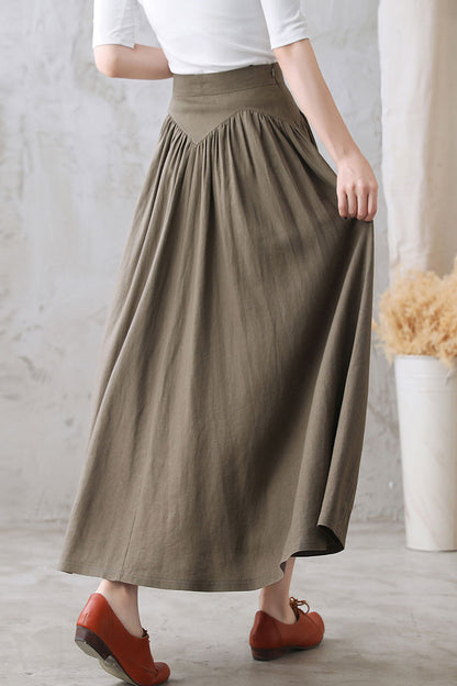 Dark Khaki Linen Cotton Maxi Skirt - High Waist Pleated | Xiaolizi 2770