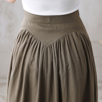 Dark Khaki Linen Cotton Maxi Skirt - High Waist Pleated | Xiaolizi 2770