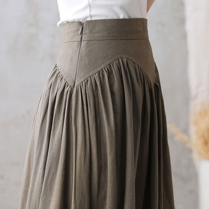 Dark Khaki Linen Cotton Maxi Skirt - High Waist Pleated | Xiaolizi 2770