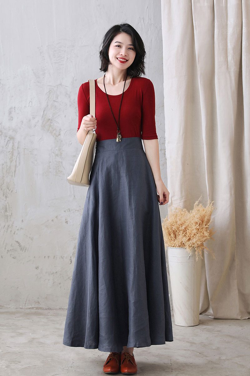 Women Autumn Flowy Swing Linen Maxi Skirt with Pockets 277101#