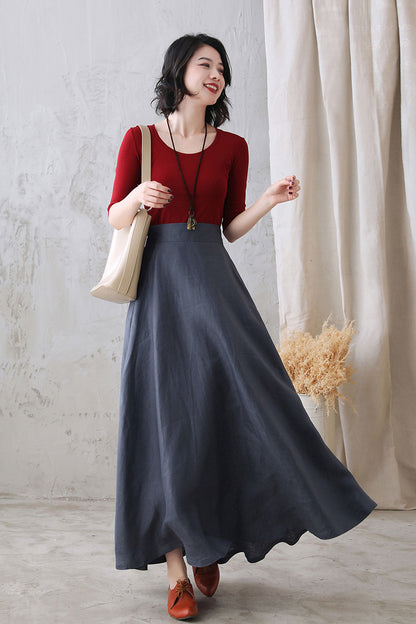 Women Autumn Flowy Swing Linen Maxi Skirt with Pockets  277101#