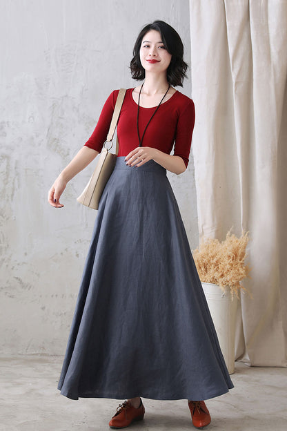 Women Autumn Flowy Swing Linen Maxi Skirt with Pockets  277101#