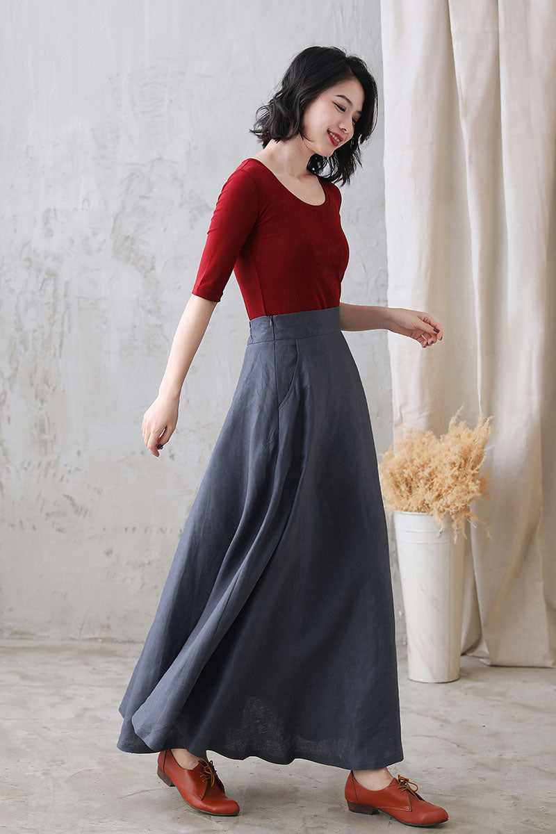 Women Autumn Flowy Swing Linen Maxi Skirt with Pockets  277101#