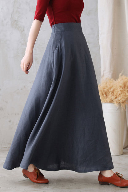 Women Casual Pure Color Swing Linen Maxi Skirt 2771#CK2100912