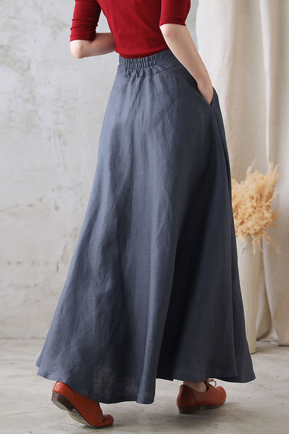 Women Autumn Flowy Swing Linen Maxi Skirt with Pockets  277101#