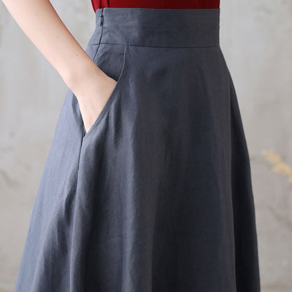 Women Autumn Flowy Swing Linen Maxi Skirt with Pockets  277101#