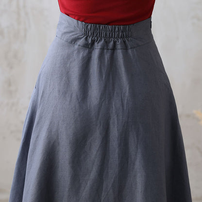 Women Autumn Flowy Swing Linen Maxi Skirt with Pockets  277101#