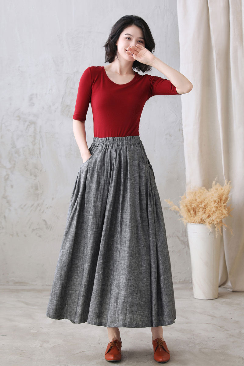 Plus Size Grey Maxi Skirt with Pockets  277201#