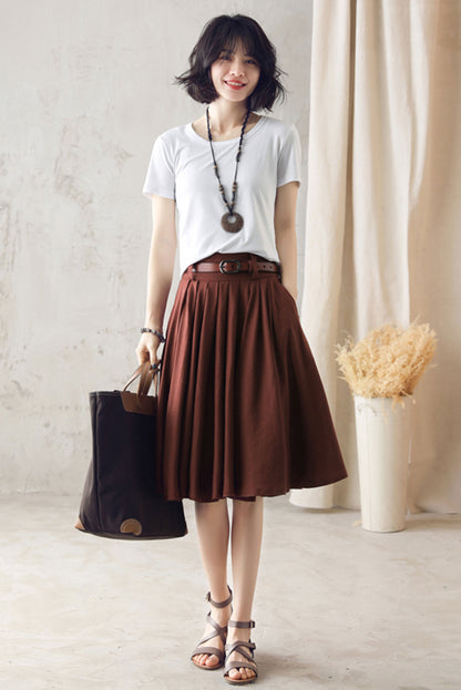 Feminine Linen Midi Skirt in Dark Brown – High-Waist Pleats – 2589