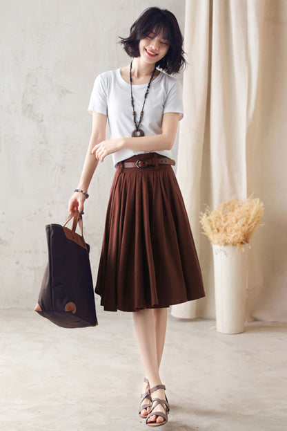 Feminine Linen Midi Skirt in Dark Brown – High-Waist Pleats – 2589
