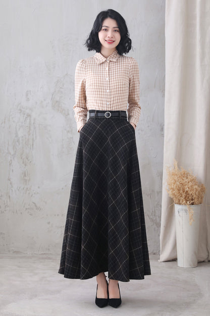 Plaid Wool Blend Maxi Skirt – Handmade High Waist Flared Winter Elegance 3321