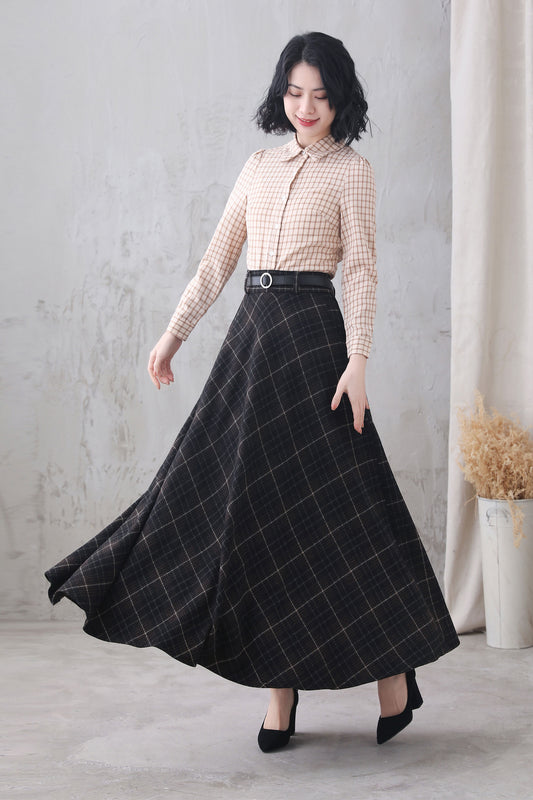 Plaid Wool Blend Maxi Skirt – Handmade High Waist Flared Winter Elegance 3321