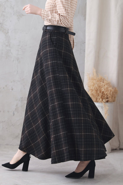 Plaid Wool Blend Maxi Skirt – Handmade High Waist Flared Winter Elegance 3321