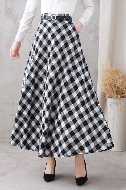 Black Cotton Linen A-Line Maxi Skirt - High Waist, Ankle Length 3323