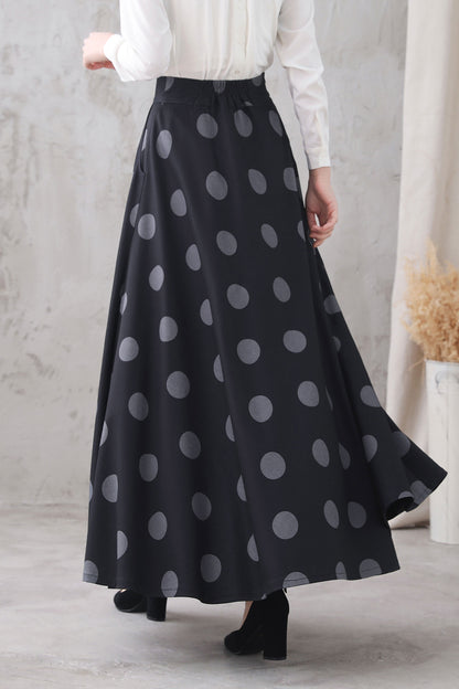 Black & White Polka Dot Maxi Skirt - Flowy A-Line Silhouette 3324