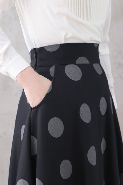 Black & White Polka Dot Maxi Skirt - Flowy A-Line Silhouette 3324