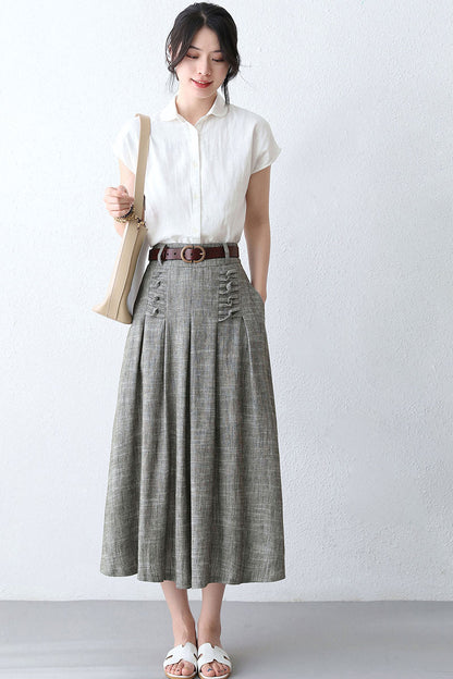 50s Women High Waisted Linen Midi Skirt  288301#