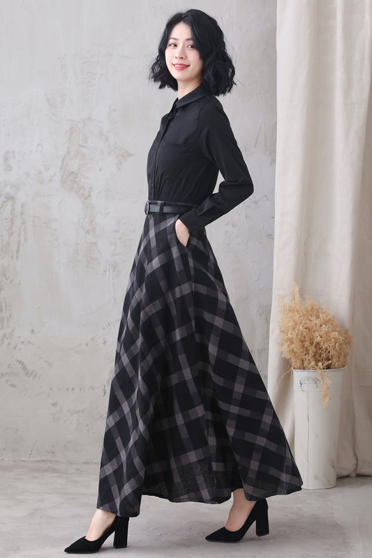 Cotton Linen Plaid Long Maxi Skirt Women 3325