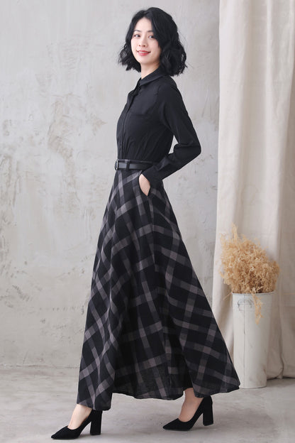 Black & White Plaid Cotton Linen Maxi Skirt - High Waist, Flowing Silhouette 3325