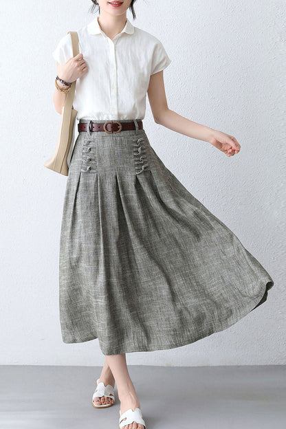 50s Women High Waisted Linen Midi Skirt  288301#