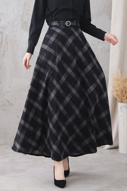 Black & White Plaid Cotton Linen Maxi Skirt - High Waist, Flowing Silhouette 3325
