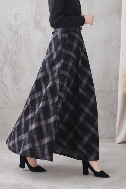Black & White Plaid Cotton Linen Maxi Skirt - High Waist, Flowing Silhouette 3325