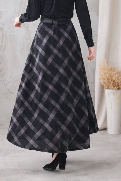 Black & White Plaid Cotton Linen Maxi Skirt - High Waist, Flowing Silhouette 3325