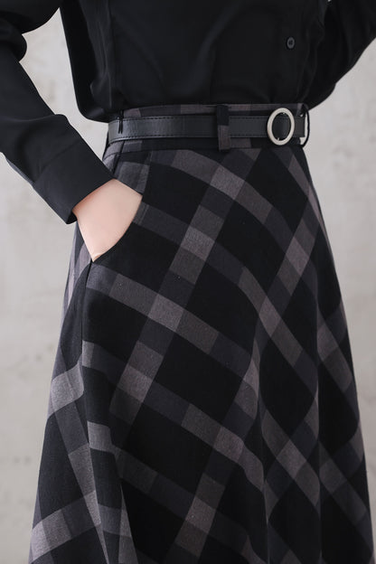 Black & White Plaid Cotton Linen Maxi Skirt - High Waist, Flowing Silhouette 3325