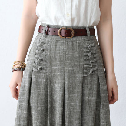 50s Women High Waisted Linen Midi Skirt  288301#