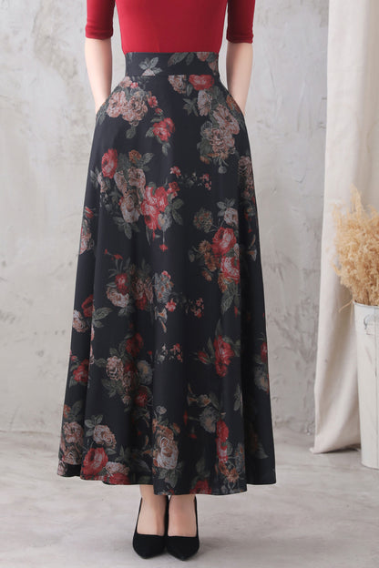 Floral Wool Blend Maxi Skirt - High Waist, Ankle Length 3327