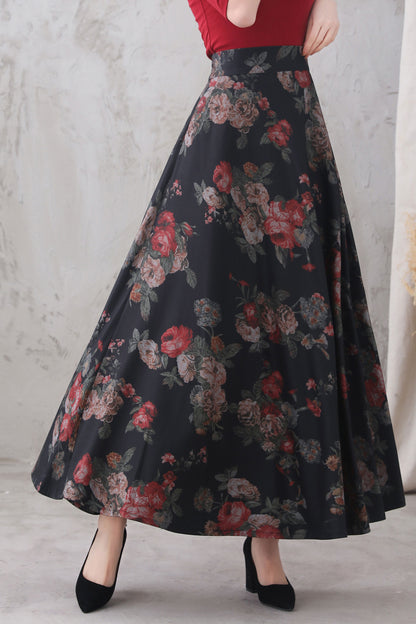 Floral Wool Blend Maxi Skirt - High Waist, Ankle Length 3327