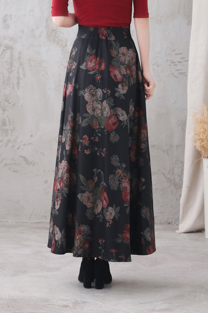 Floral Wool Blend Maxi Skirt - High Waist, Ankle Length 3327
