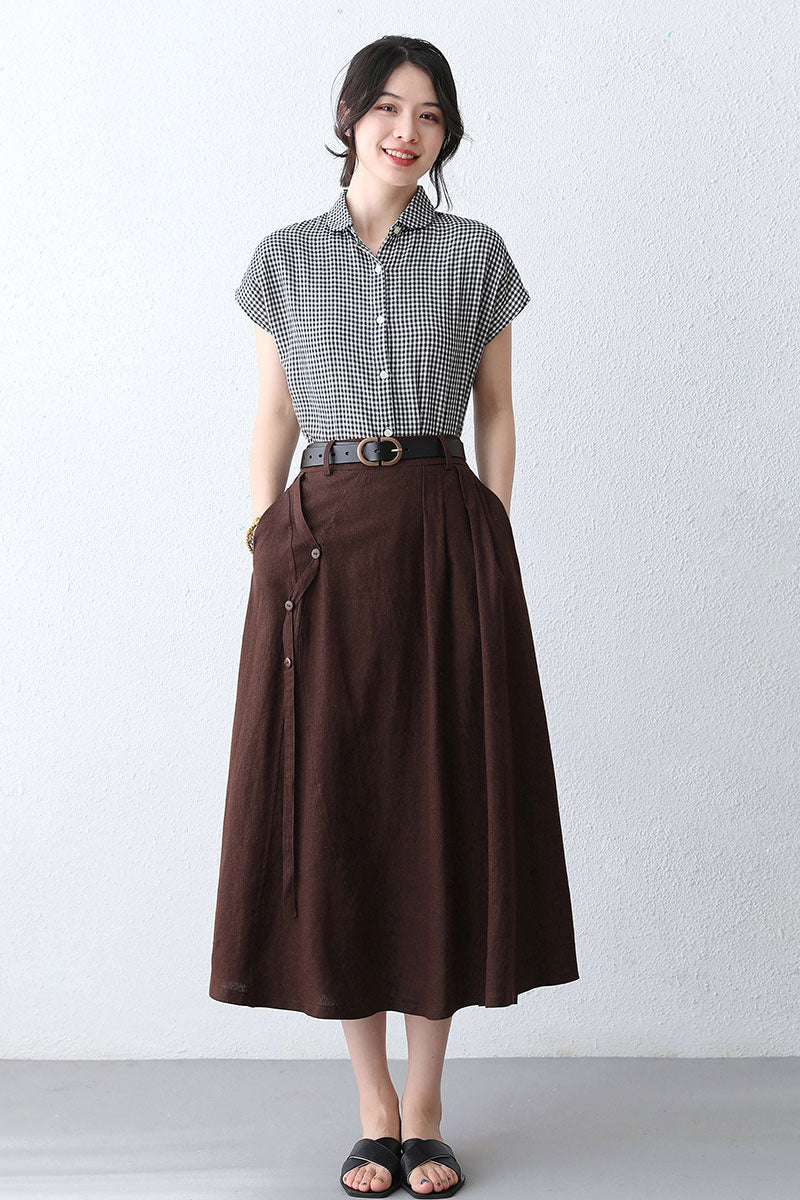 Women's Brown Linen Midi Skirt with Pocket 2886