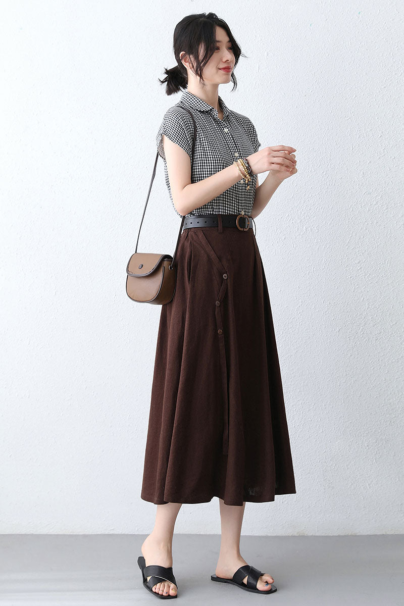 Women's Brown Linen Midi Skirt with Pocket 2886