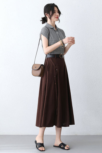 Women's Brown Linen Midi Skirt with Pocket 2886
