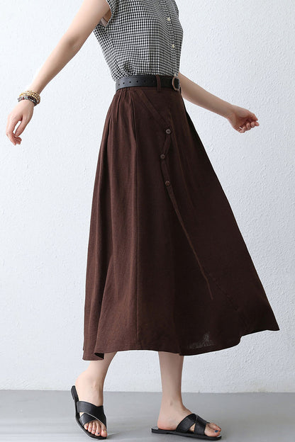 Women's Brown Linen Midi Skirt with Pocket 2886