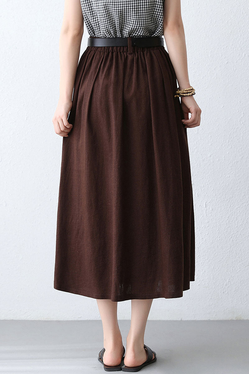 Women's Brown Linen Midi Skirt with Pocket 2886