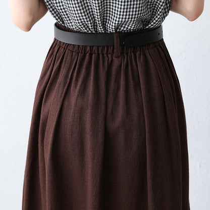 Women's Brown Linen Midi Skirt with Pocket 2886