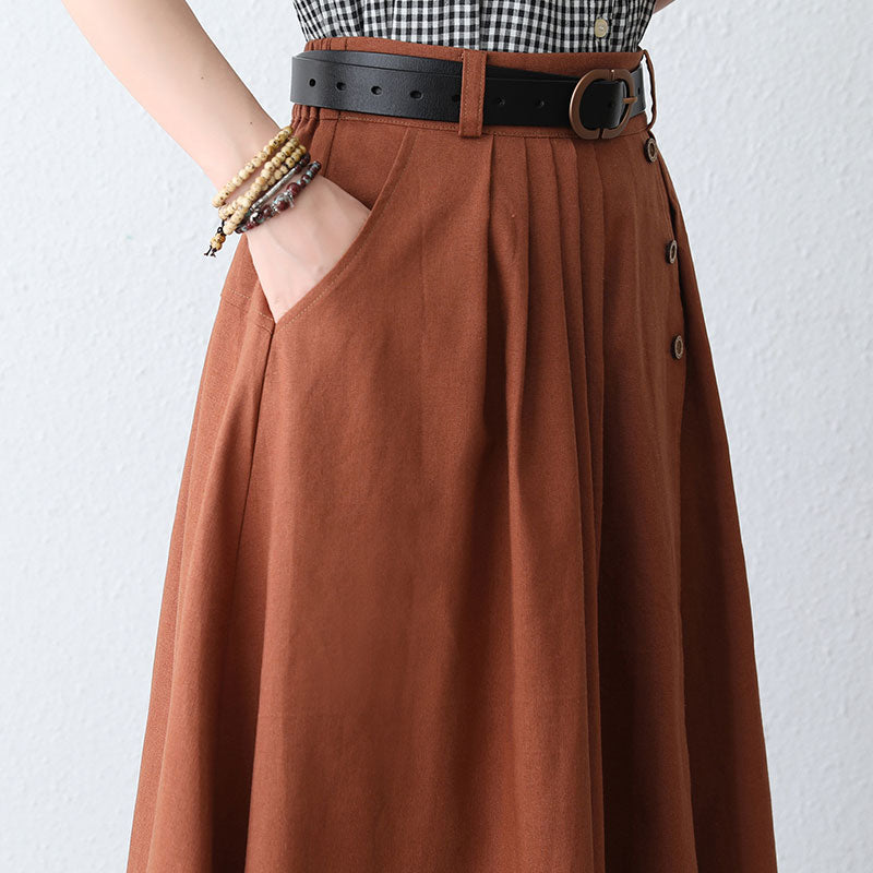 Orange Linen Midi Skirt with Pocket 288701