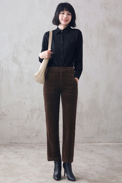 Coffee Corduroy Pants - High Waist, Regular Fit Long Trousers 3109