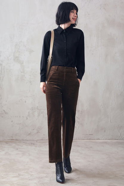 Coffee Corduroy Pants - High Waist, Regular Fit Long Trousers 3109